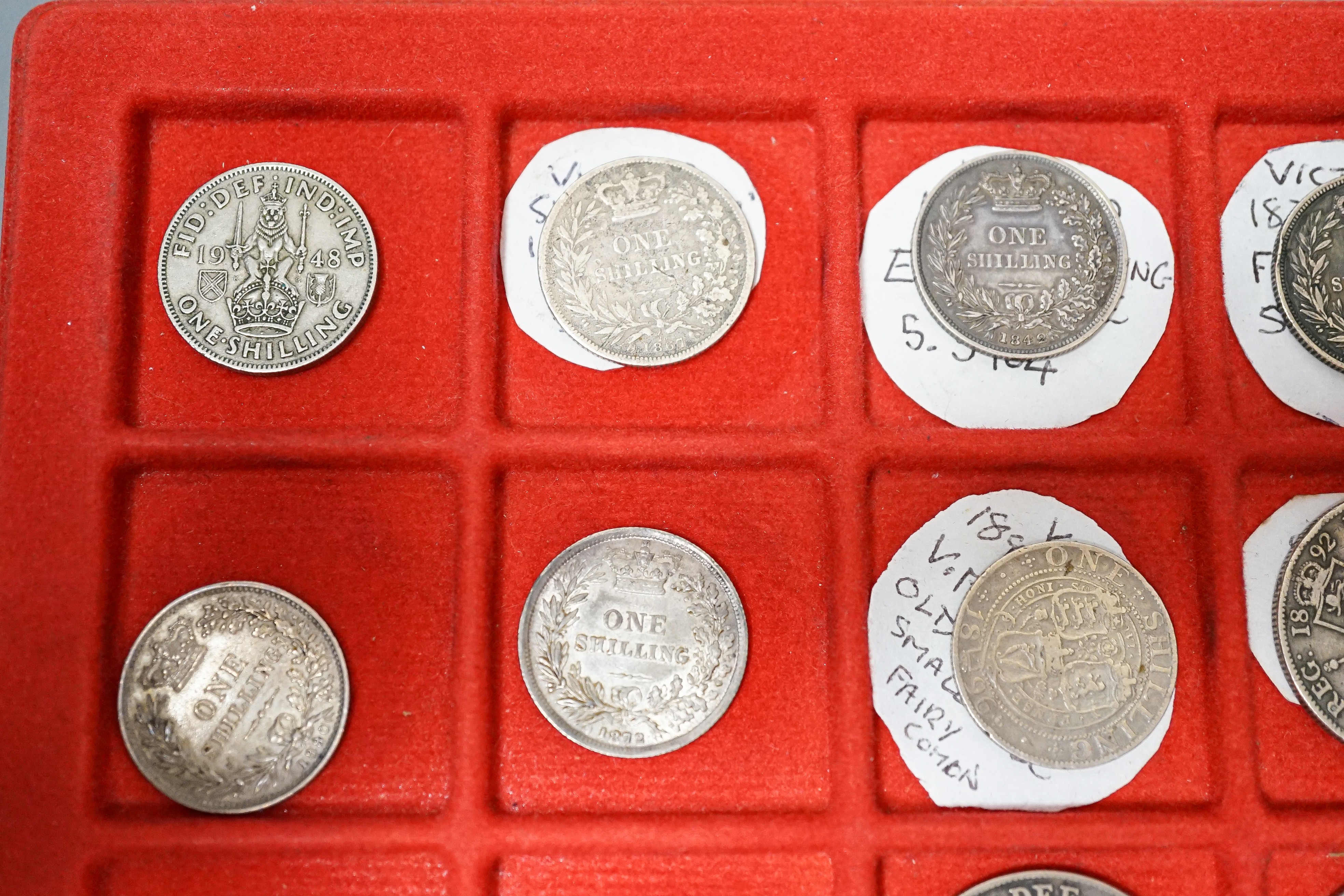 UK coins, Victoria silver coins, halfcrowns 1887, 1897, florins 1892, 1898, shillings 1839, 1846, 1842, 1872, 1818, 1896, 1897 and an 1881 sixpence, VG to EF